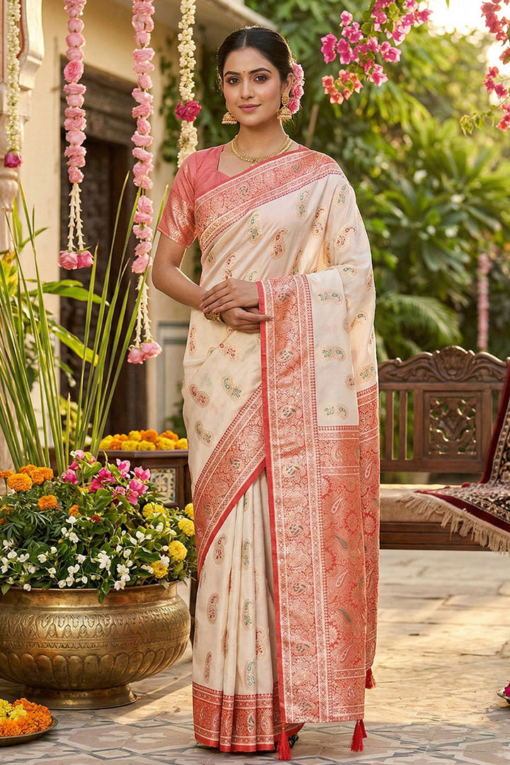 Exclusive Weaving Work On White Silk Saree | Buy Online India