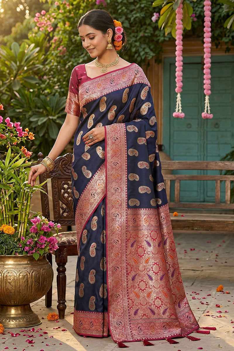 Nevy Blue Lovely Weaving Work Silk Saree | Buy Online India