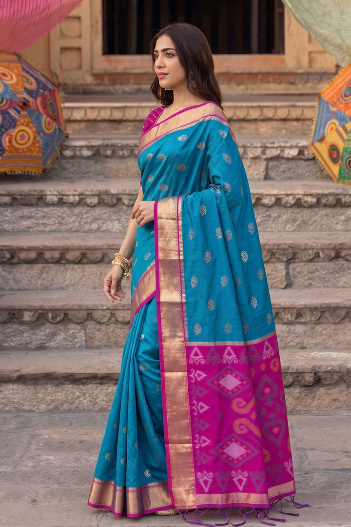 Festive Wear Soft Silk Cyan Color Gorgeous Saree | Buy Online India