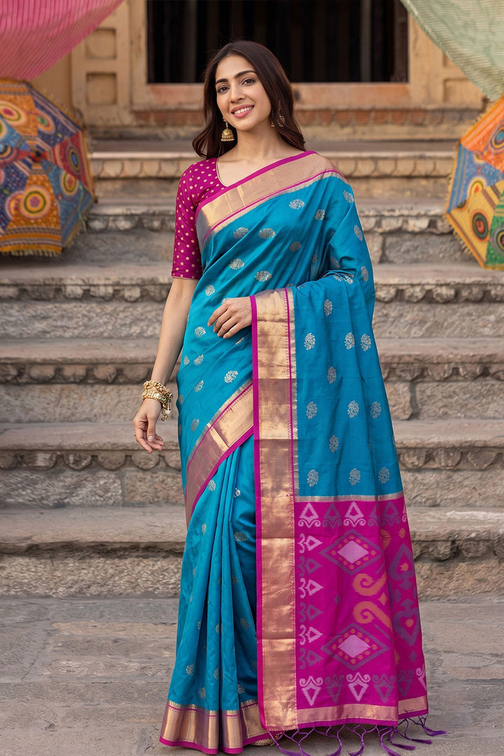 Festive Wear Soft Silk Cyan Color Gorgeous Saree | Buy Online India