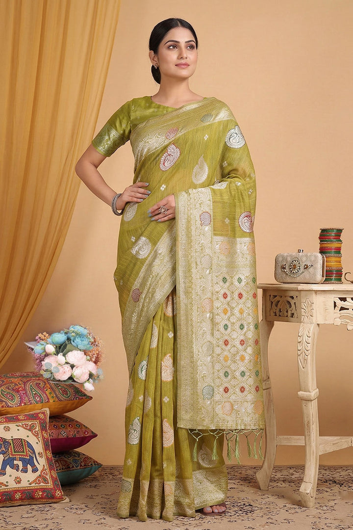 Mustard Color Linen Cotton Saree With Weaving Work | Buy Online India