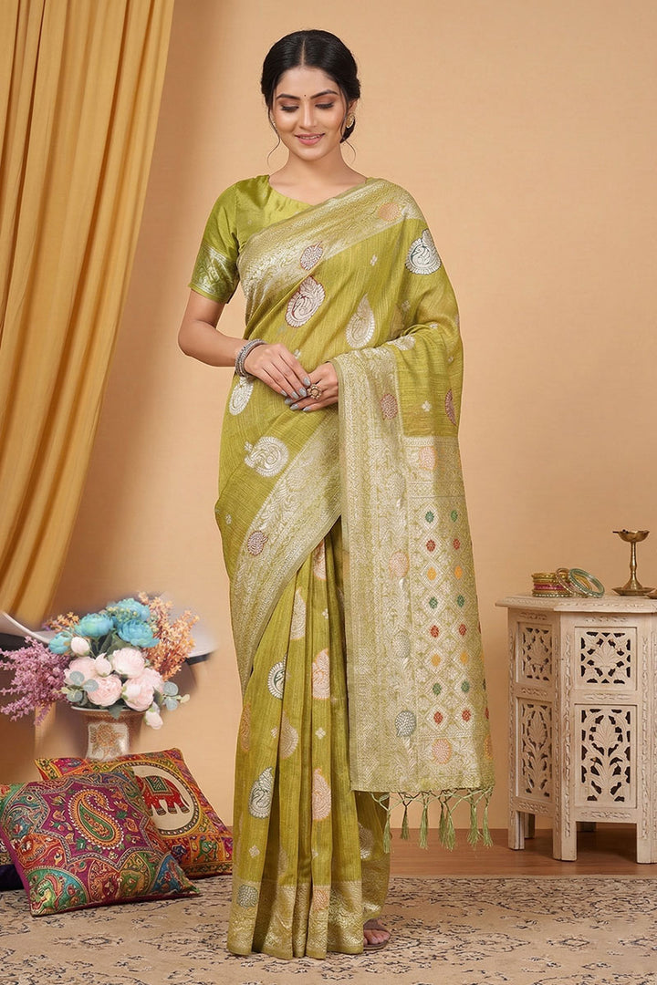 Mustard Color Linen Cotton Saree With Weaving Work | Buy Online India