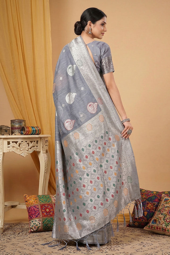Delicate Grey Color Weaving Work Linen Cotton Saree | Buy Online India