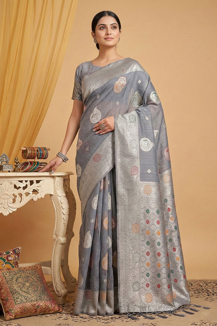 Delicate Grey Color Weaving Work Linen Cotton Saree | Buy Online India