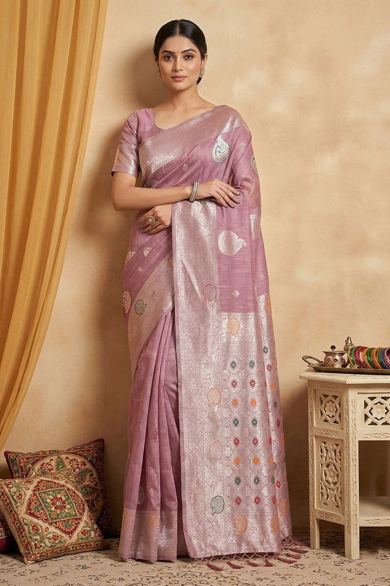 Lavender Weaving Work Linen Cotton Sober Saree | Buy Online India