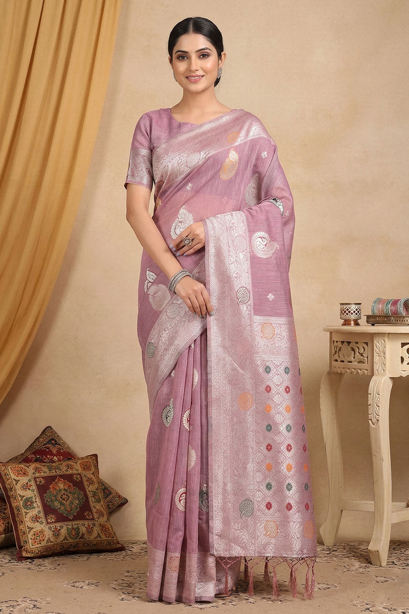 Lavender Weaving Work Linen Cotton Sober Saree | Buy Online India