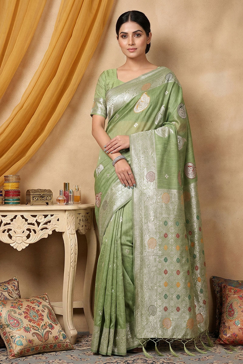 Green Color Weaving Work Glamorous Linen Cotton Saree | Buy Online India
