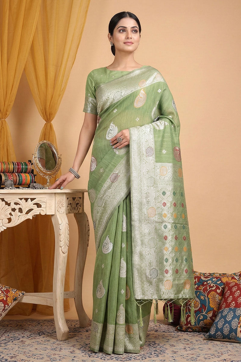 Green Color Weaving Work Glamorous Linen Cotton Saree | Buy Online India