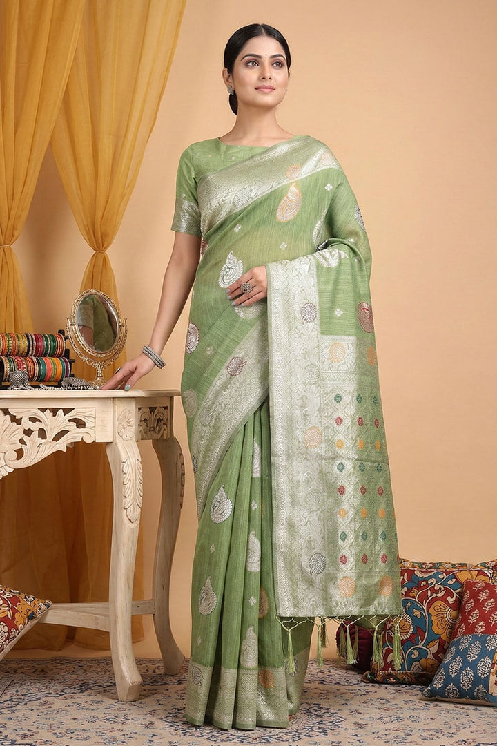 Green Color Weaving Work Glamorous Linen Cotton Saree | Buy Online India