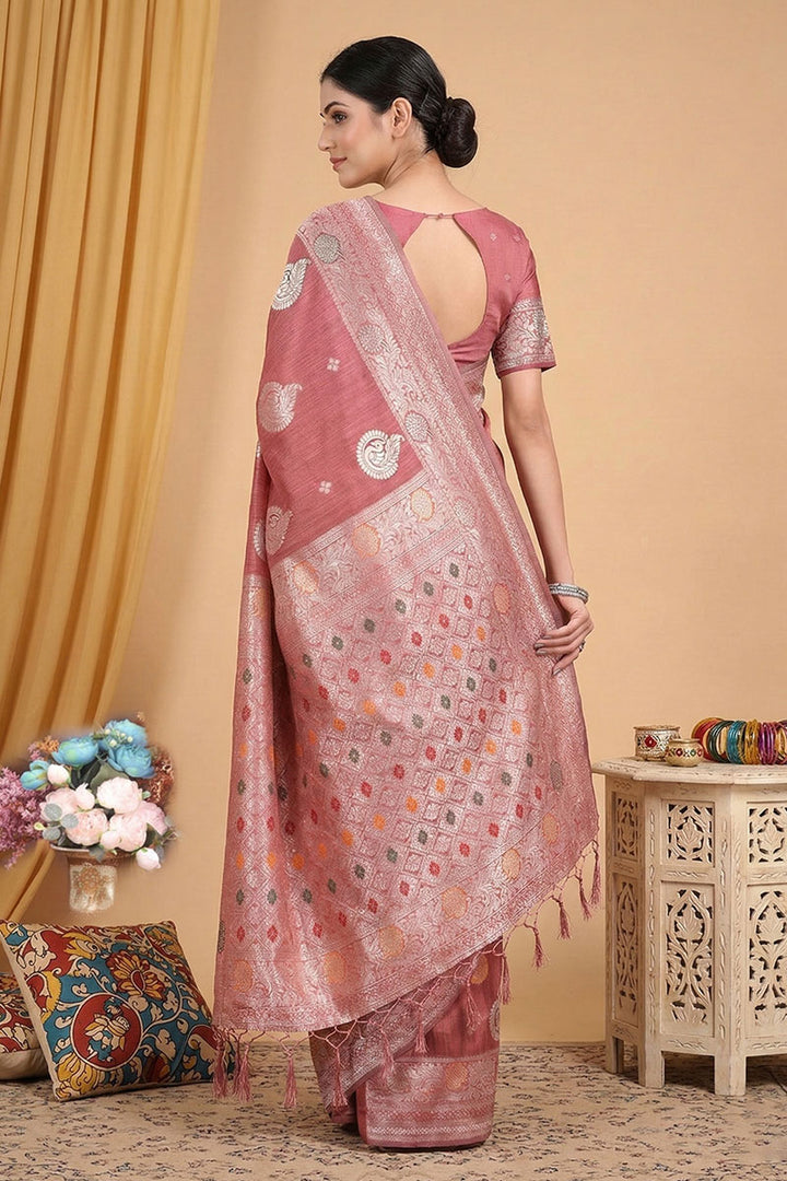 Peach Color Weaving Design Linen Cotton Saree | Buy Online India