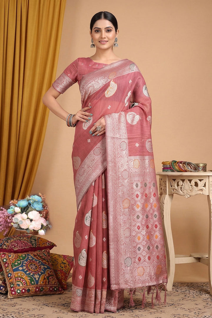 Peach Color Weaving Design Linen Cotton Saree | Buy Online India