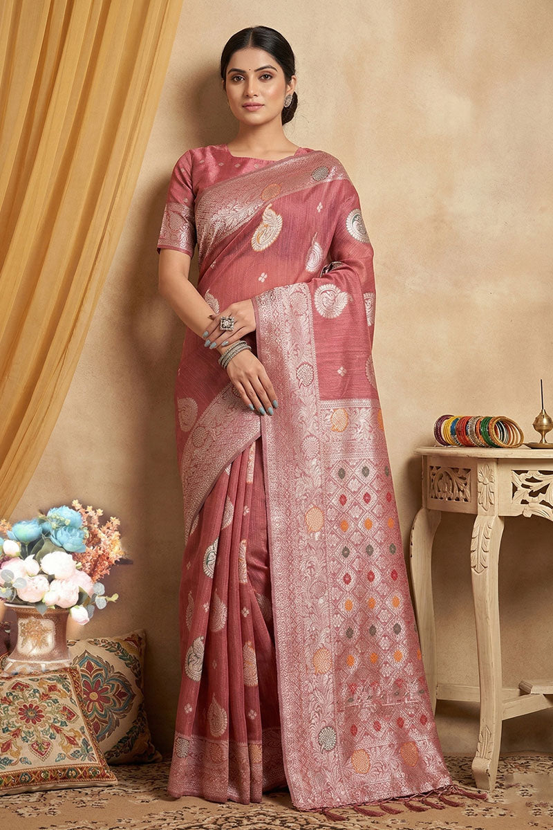 Peach Color Weaving Design Linen Cotton Saree | Buy Online India