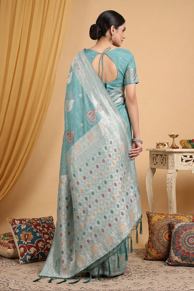 Weaving Work Attractive Linen Cotton Saree In Sea Green Color | Buy Online India