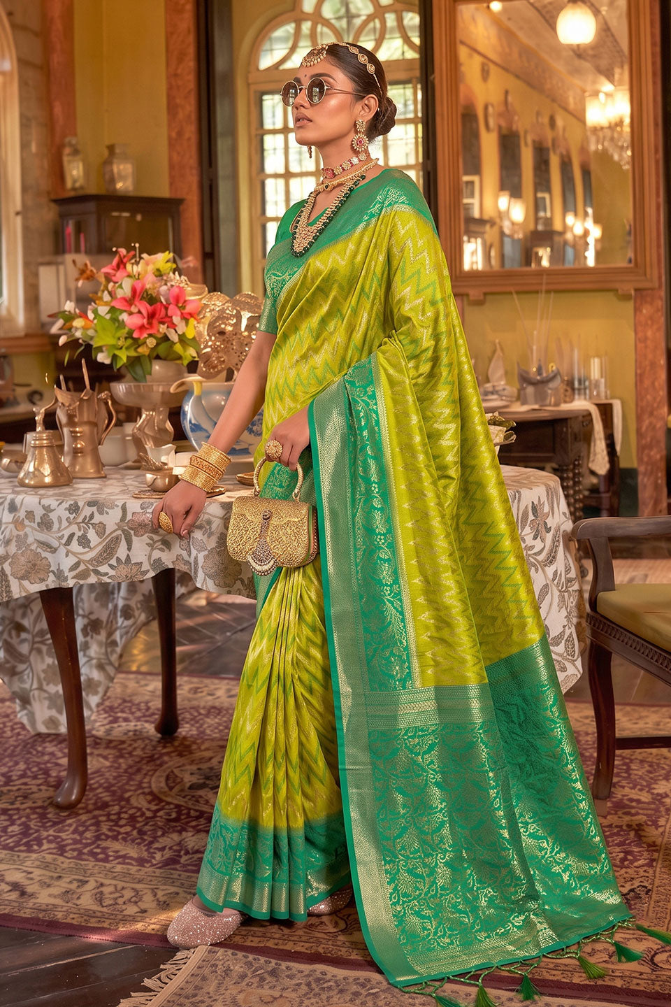 Function Style Sea Green Silk Saree With Weaving Work | Buy Online India