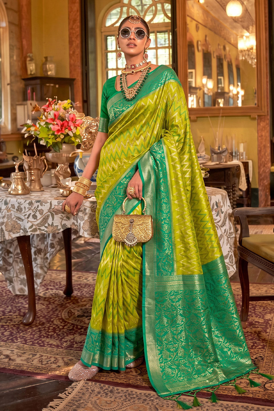 Function Style Sea Green Silk Saree With Weaving Work | Buy Online India