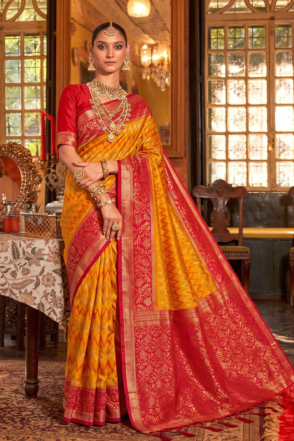 Function Look Mustard Color Weaving Work Silk Saree | Buy Online India