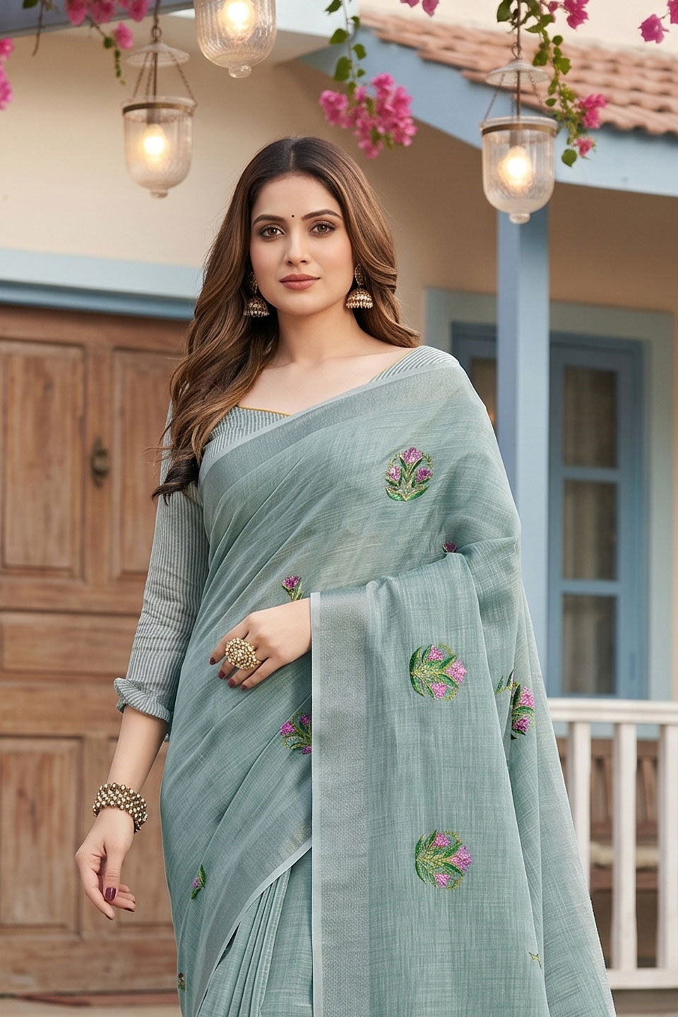 Sea Green Color Chic Festive Wear Linen Saree | Buy Online India