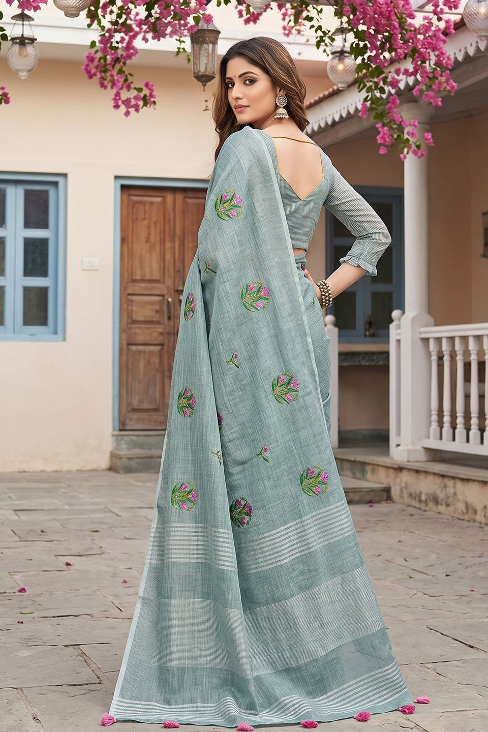 Sea Green Color Chic Festive Wear Linen Saree | Buy Online India