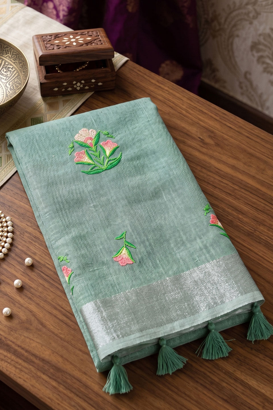 Sea Green Color Chic Festive Wear Linen Saree | Buy Online India