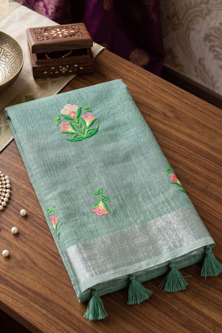 Sea Green Color Chic Festive Wear Linen Saree | Buy Online India