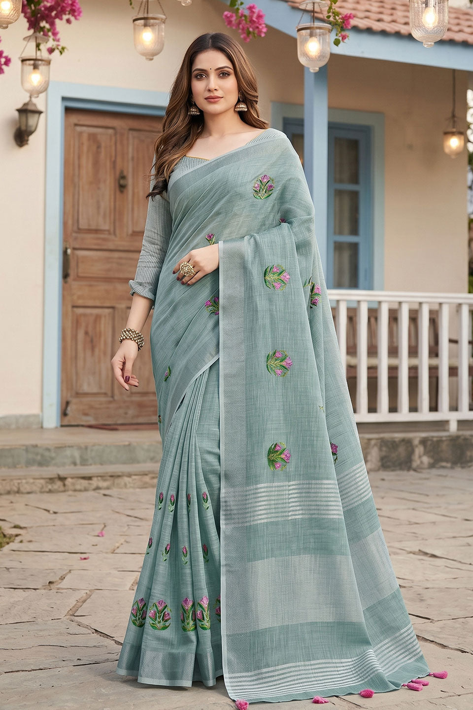 Sea Green Color Chic Festive Wear Linen Saree | Buy Online India
