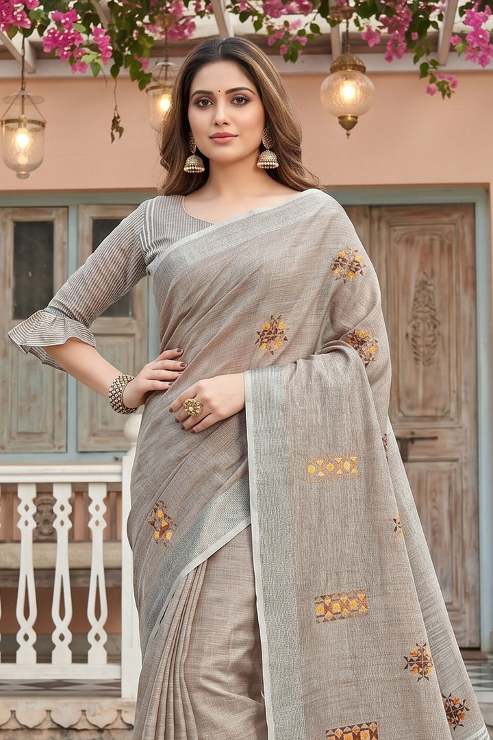 Festive Wear Attractive Linen Saree In Beige Color | Buy Online India