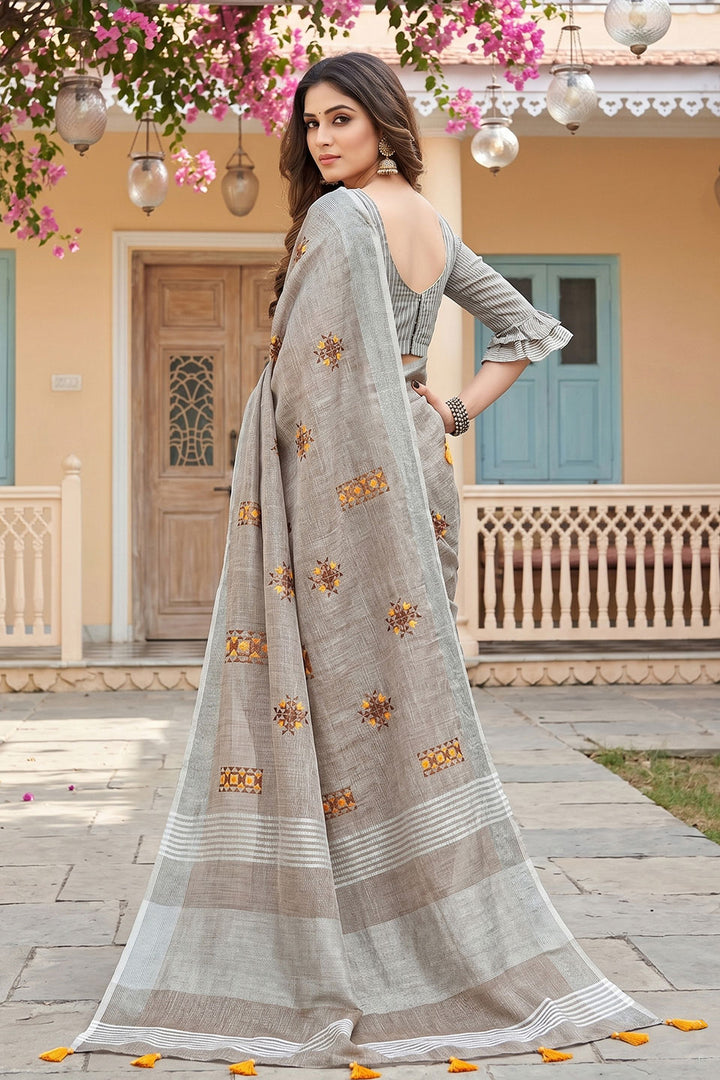 Festive Wear Attractive Linen Saree In Beige Color | Buy Online India