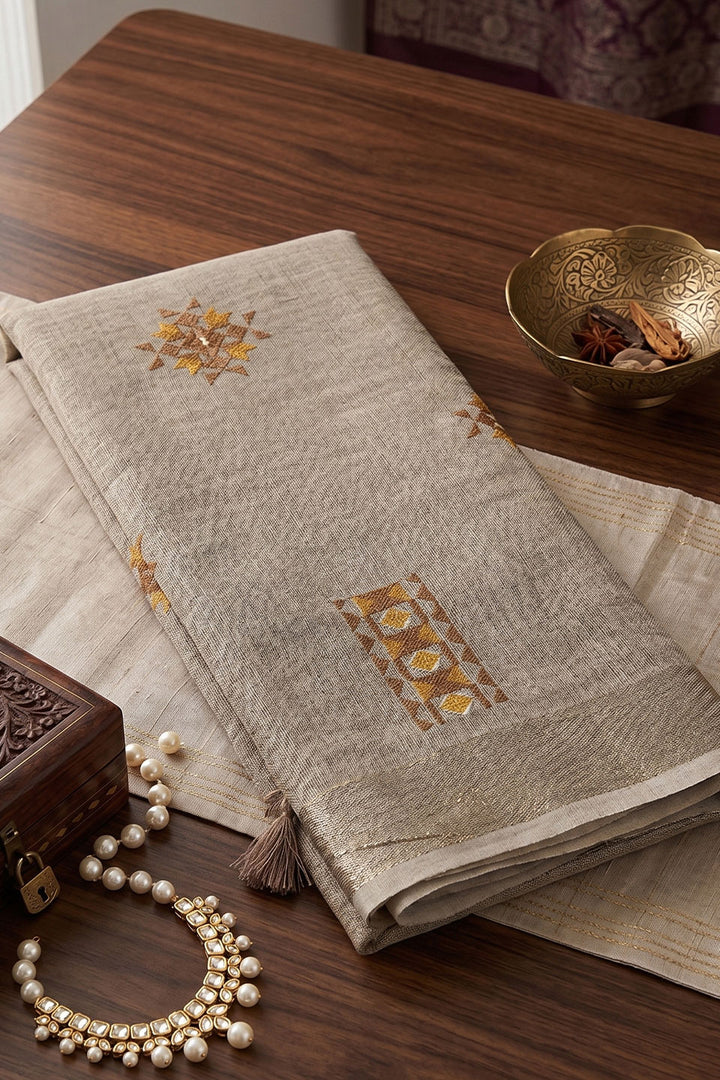 Festive Wear Attractive Linen Saree In Beige Color | Buy Online India