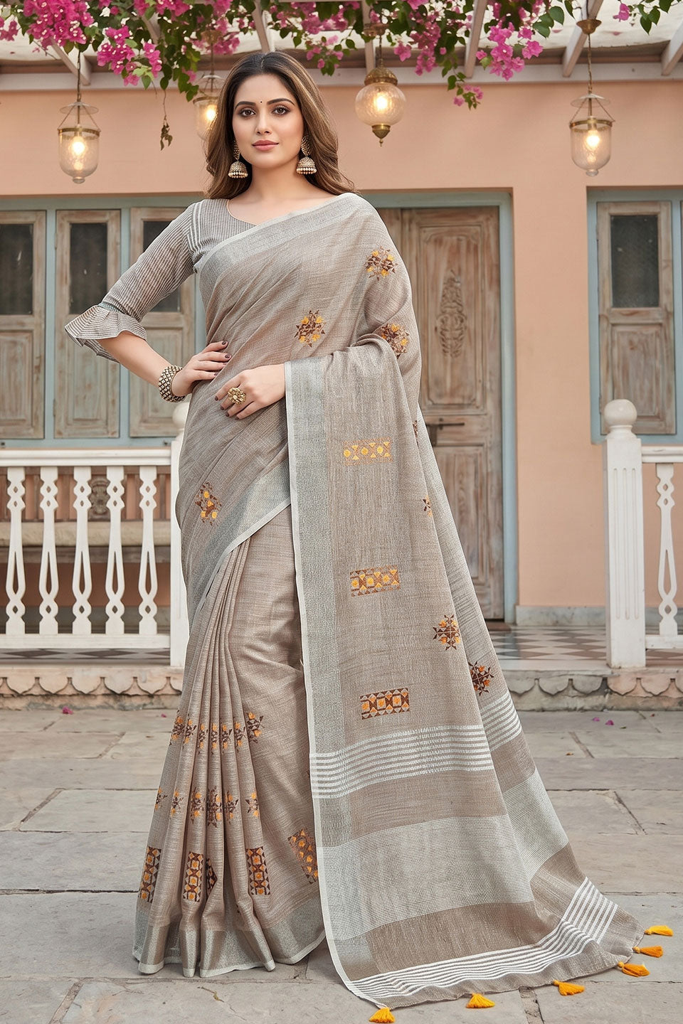 Festive Wear Attractive Linen Saree In Beige Color | Buy Online India