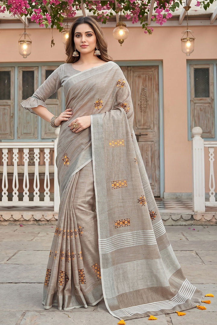 Festive Wear Attractive Linen Saree In Beige Color | Buy Online India