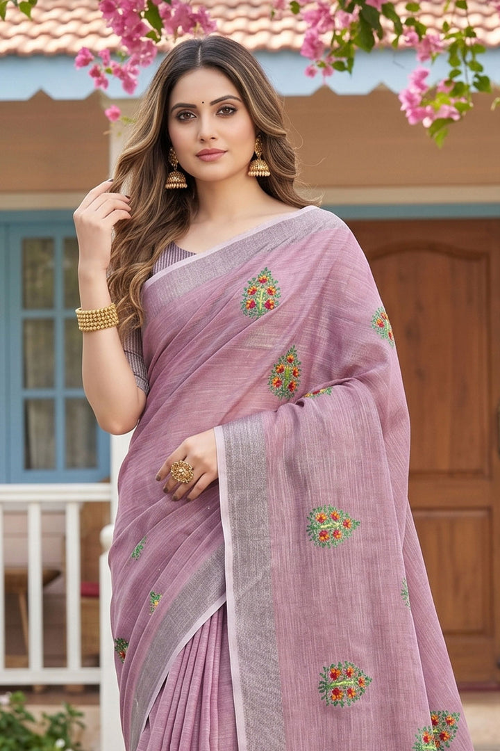 Beautiful Lavender Color Festive Wear Linen Saree | Buy Online India
