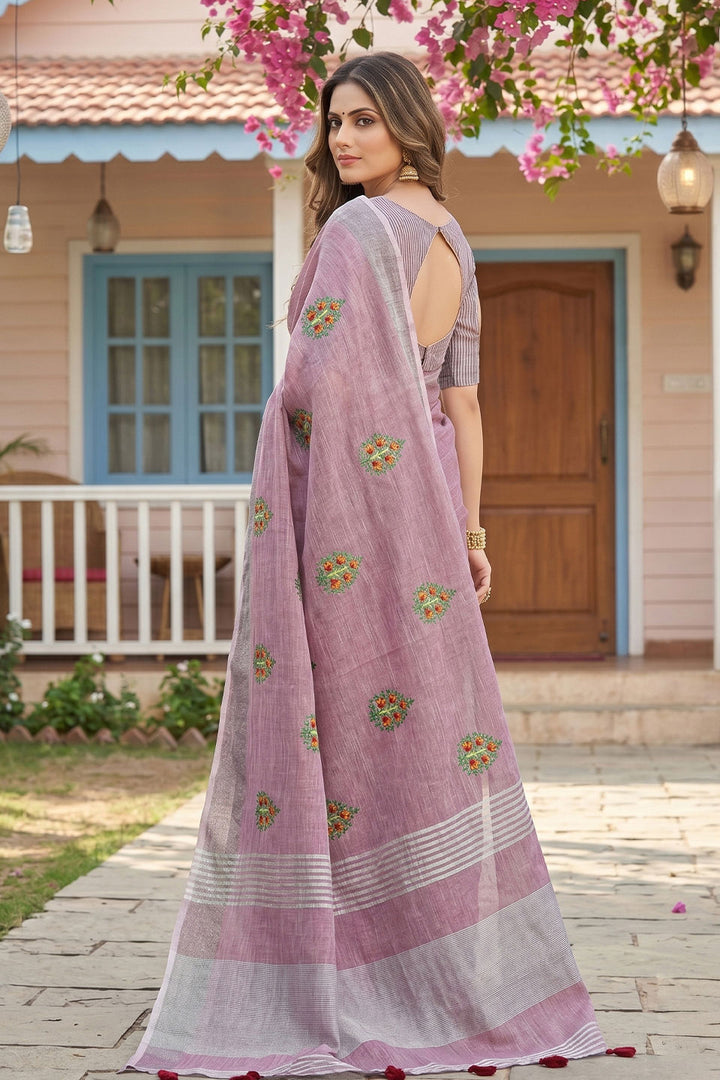 Beautiful Lavender Color Festive Wear Linen Saree | Buy Online India
