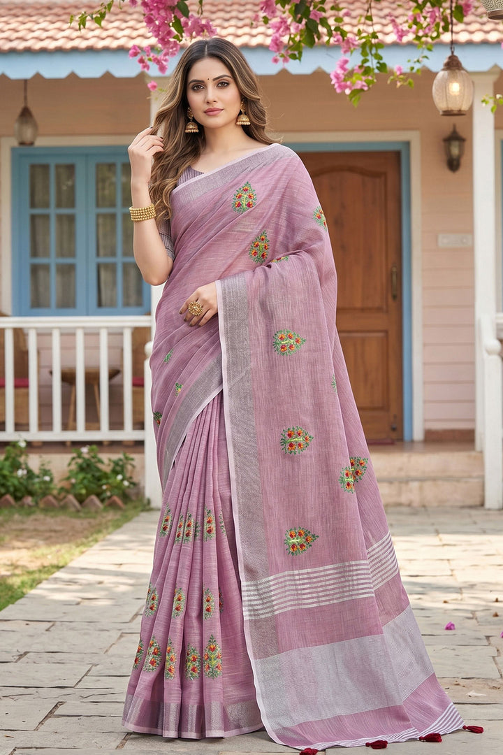 Beautiful Lavender Color Festive Wear Linen Saree | Buy Online India