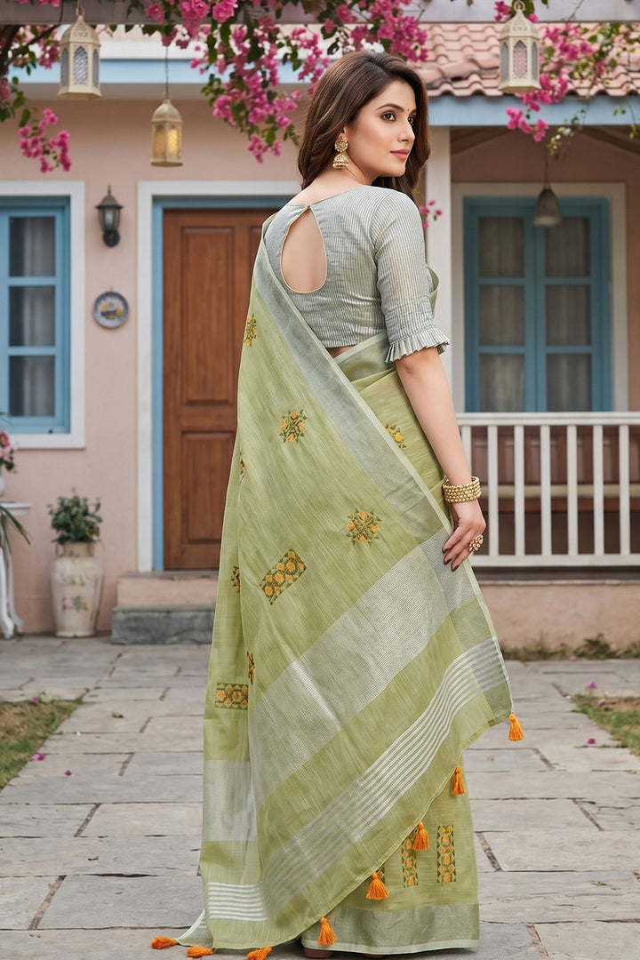 Green Color Festive Wear Graceful Linen Saree | Buy Online India