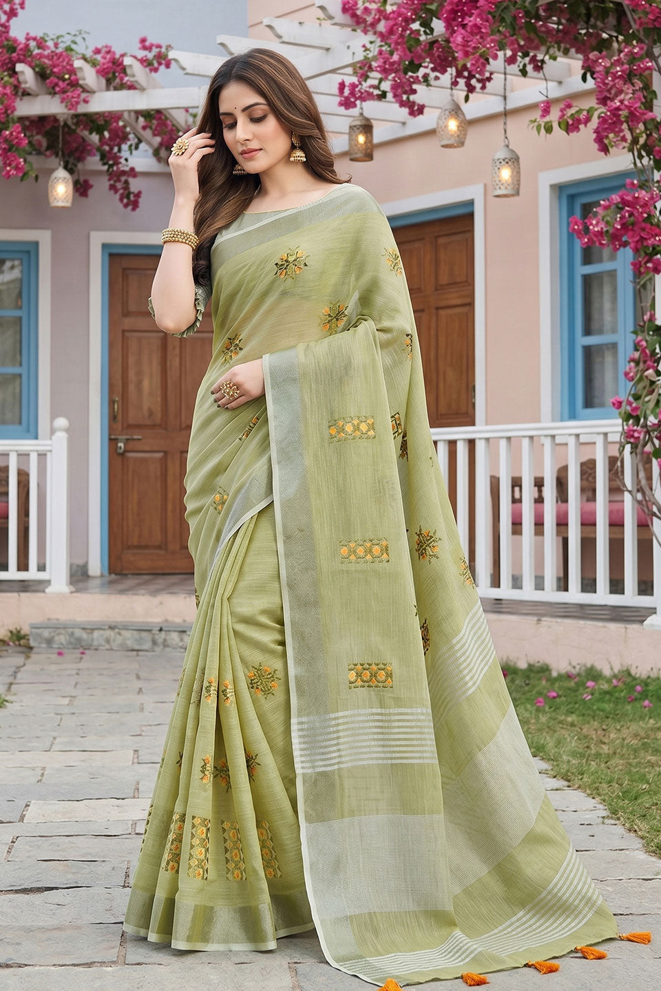 Green Color Festive Wear Graceful Linen Saree | Buy Online India