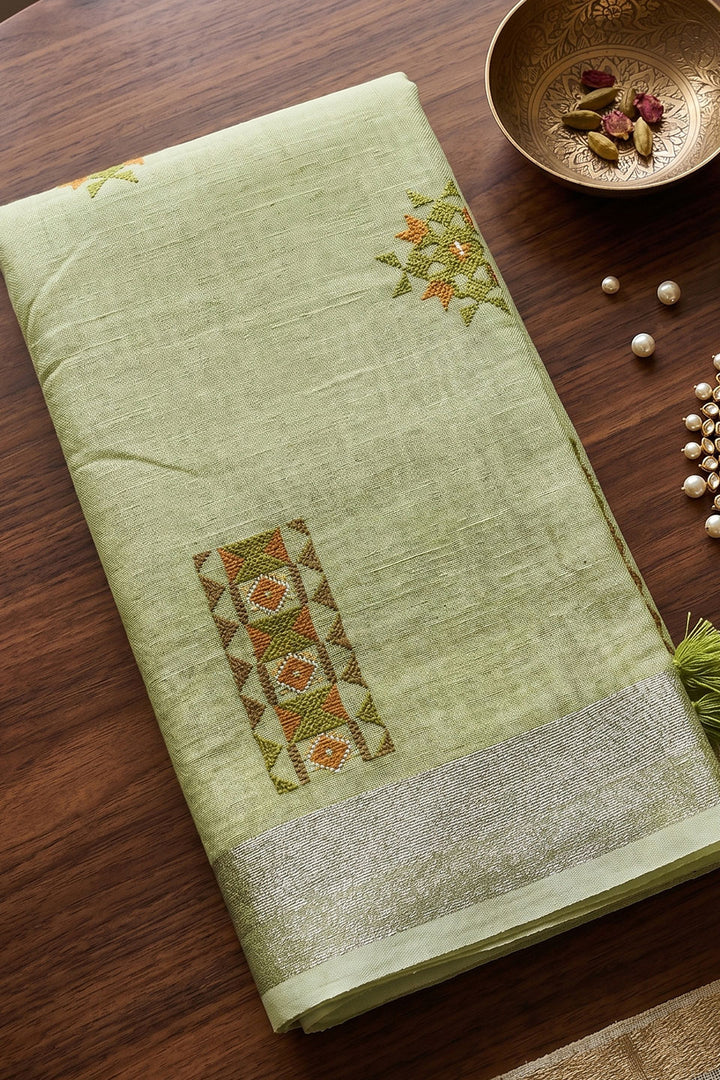 Green Color Festive Wear Graceful Linen Saree | Buy Online India