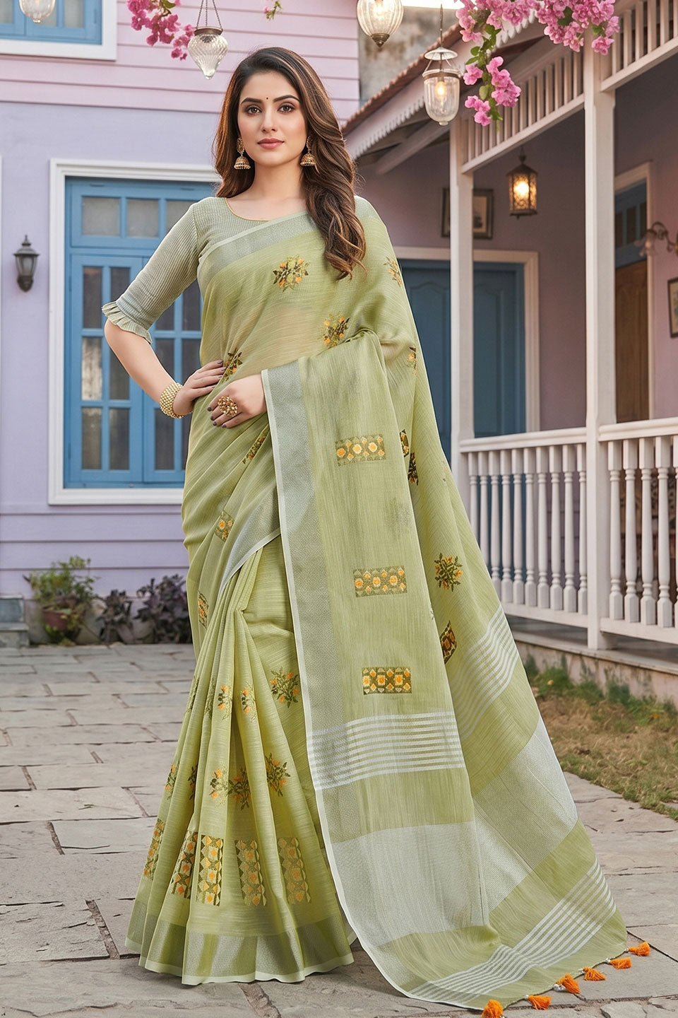 Green Color Festive Wear Graceful Linen Saree | Buy Online India