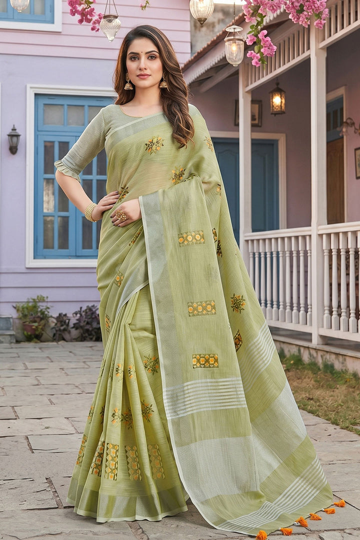 Green Color Festive Wear Graceful Linen Saree | Buy Online India