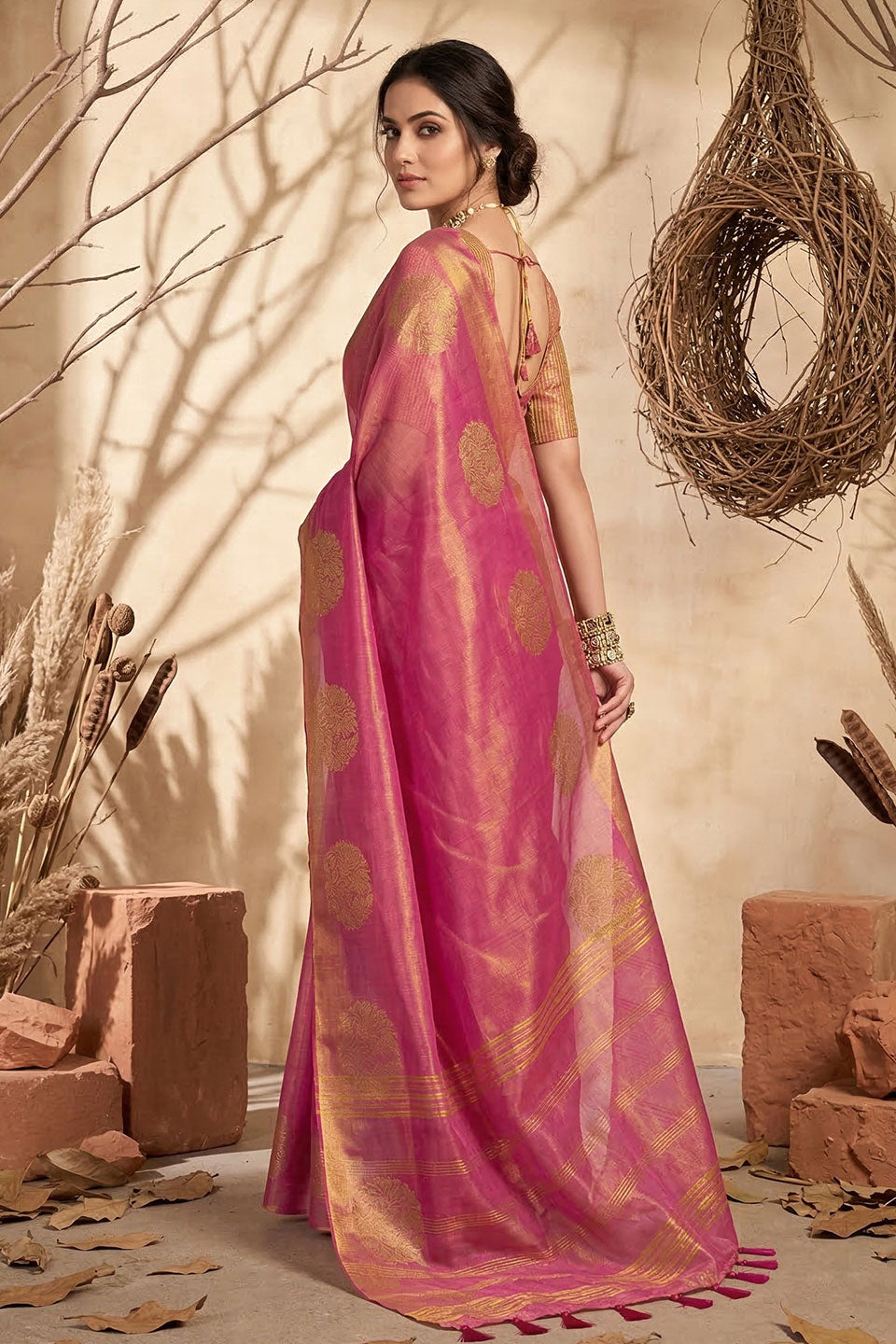 Tissue Silk Weaving Work Pink Saree For Festival