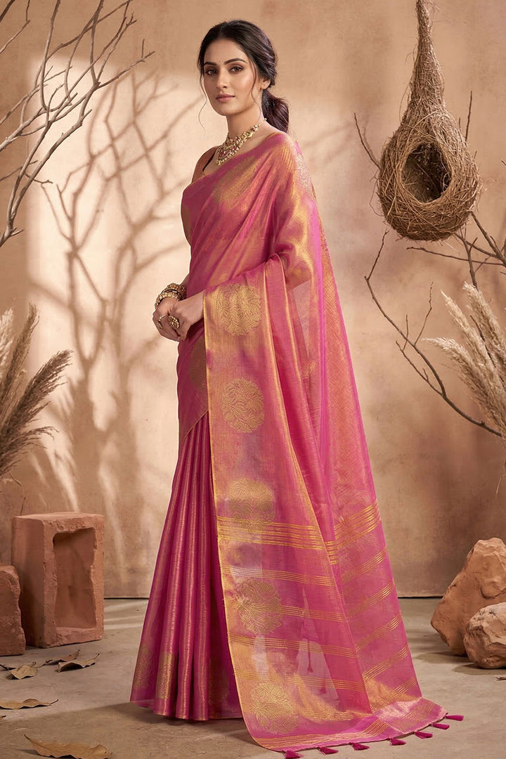 Tissue Silk Weaving Work Pink Saree For Festival
