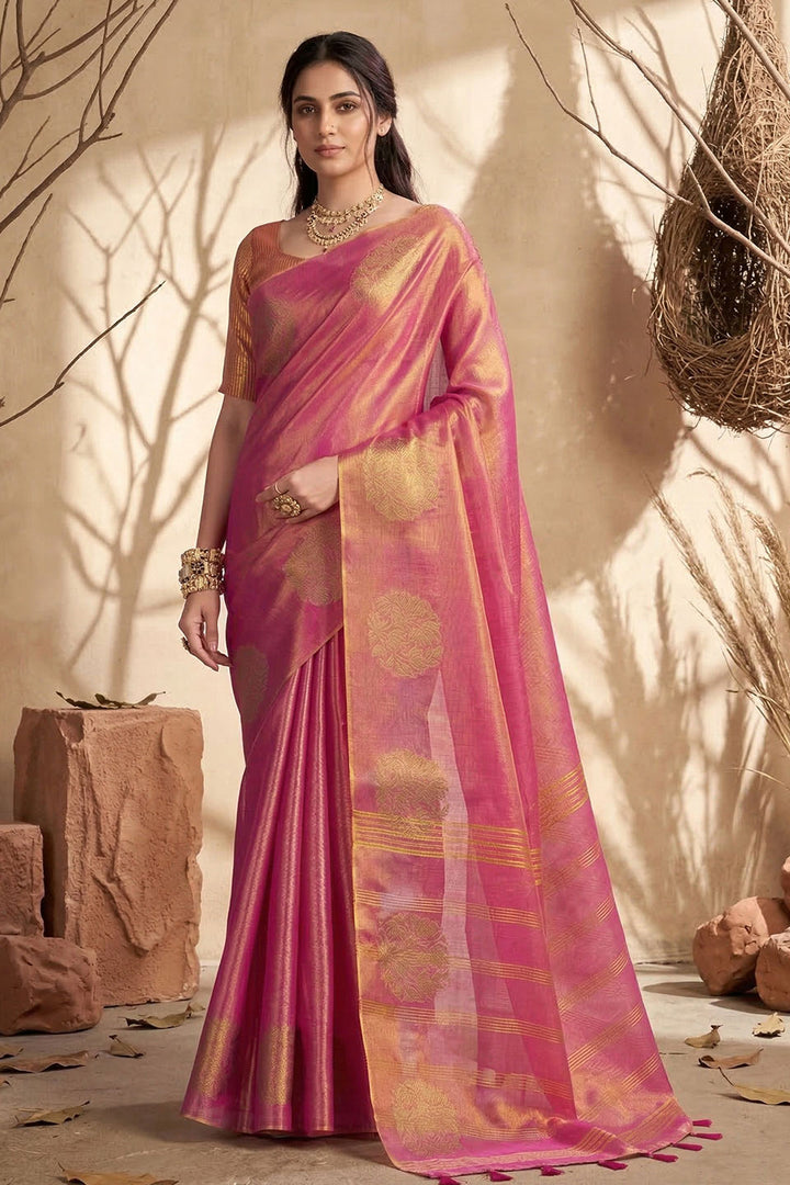Tissue Silk Weaving Work Pink Saree For Festival
