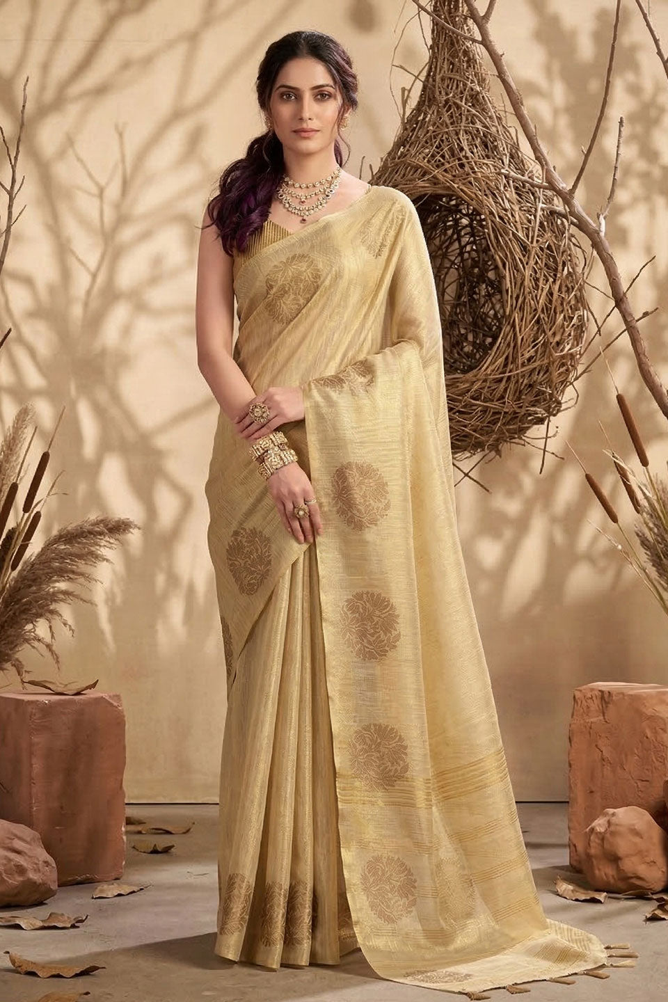 Festive Style Tissue Silk Weaving Work Saree In Cream Color