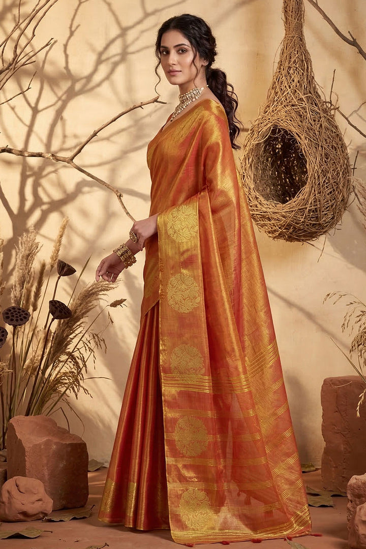 Rust Color Tissue Silk Weaving Work Saree For Festive