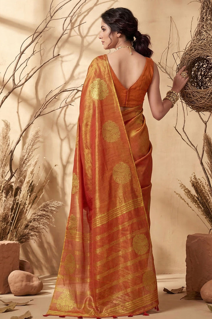 Rust Color Tissue Silk Weaving Work Saree For Festive