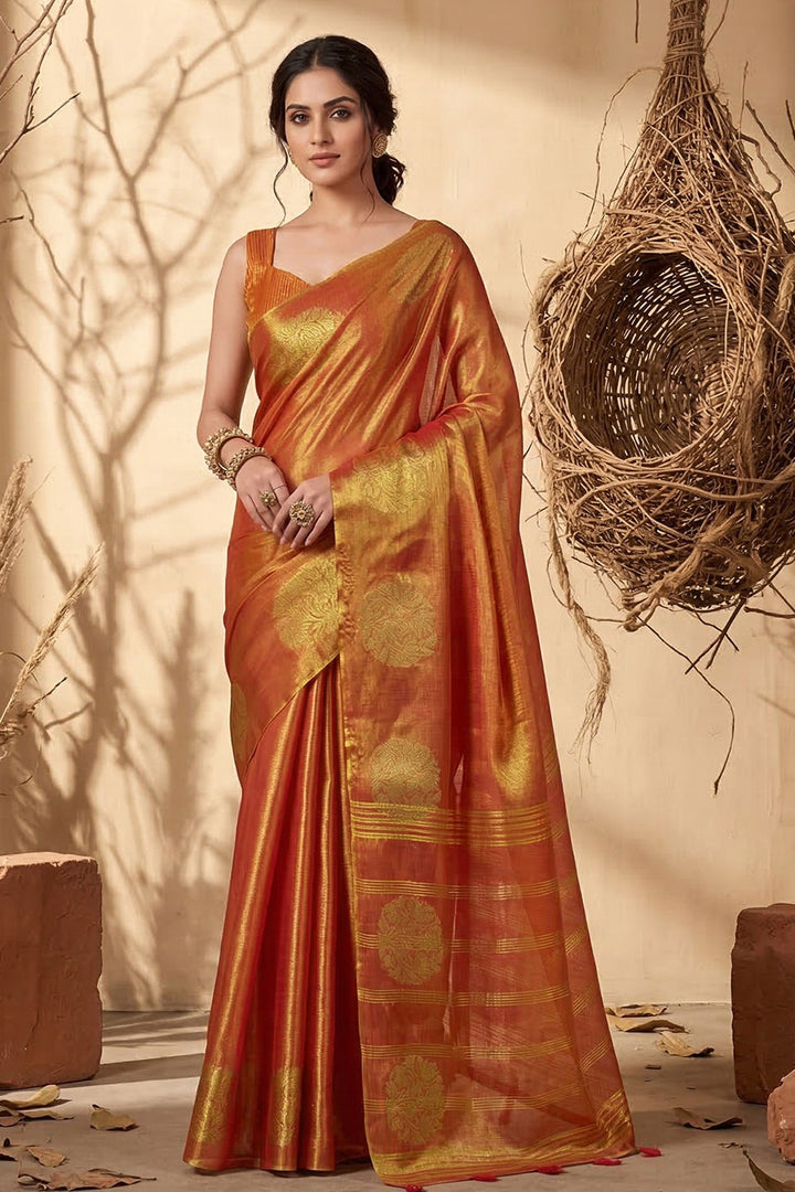 Rust Color Tissue Silk Weaving Work Saree For Festive