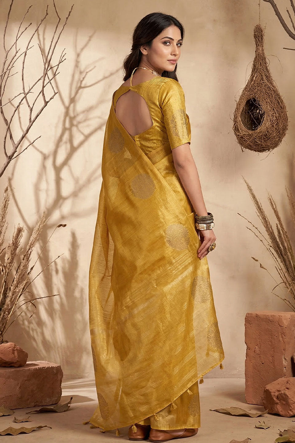 Tissue Silk Weaving Work Festive Saree In Yellow Color