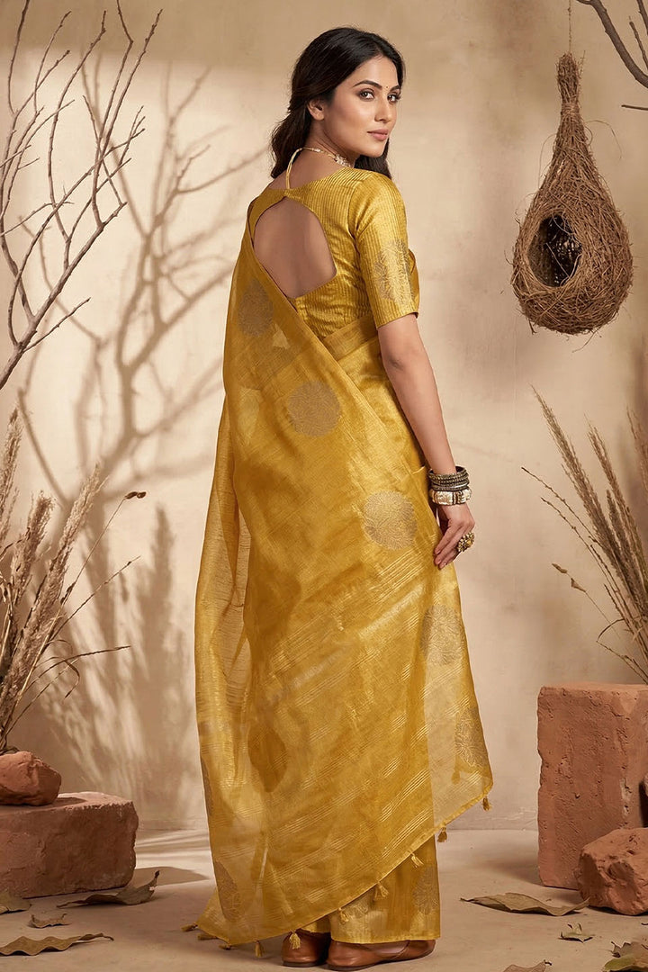 Tissue Silk Weaving Work Festive Saree In Yellow Color