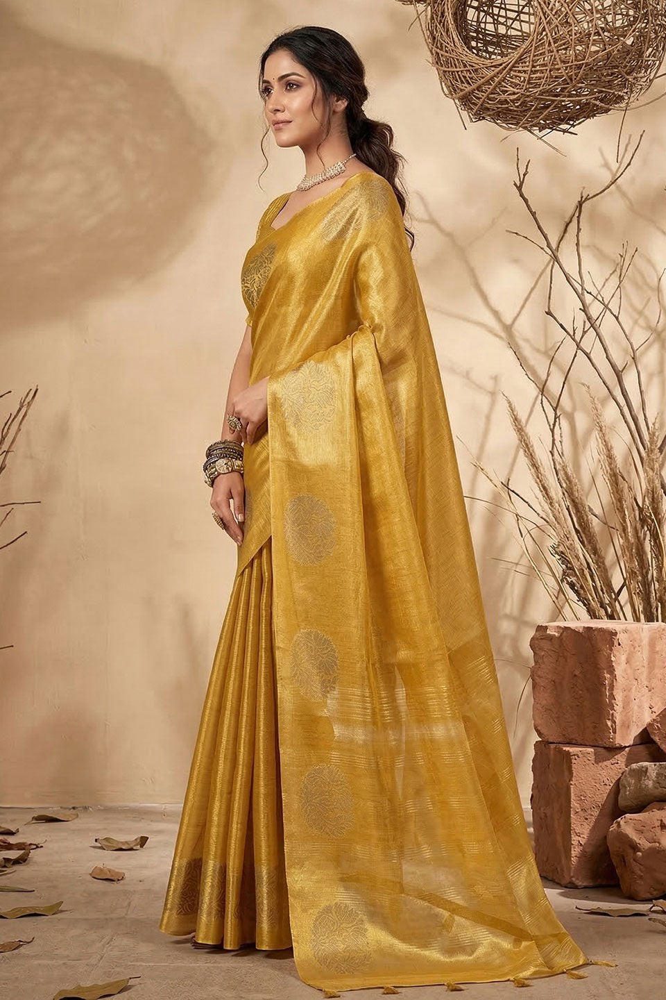 Tissue Silk Weaving Work Festive Saree In Yellow Color