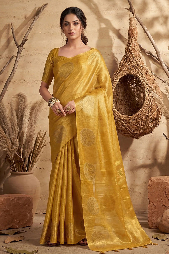 Tissue Silk Weaving Work Festive Saree In Yellow Color