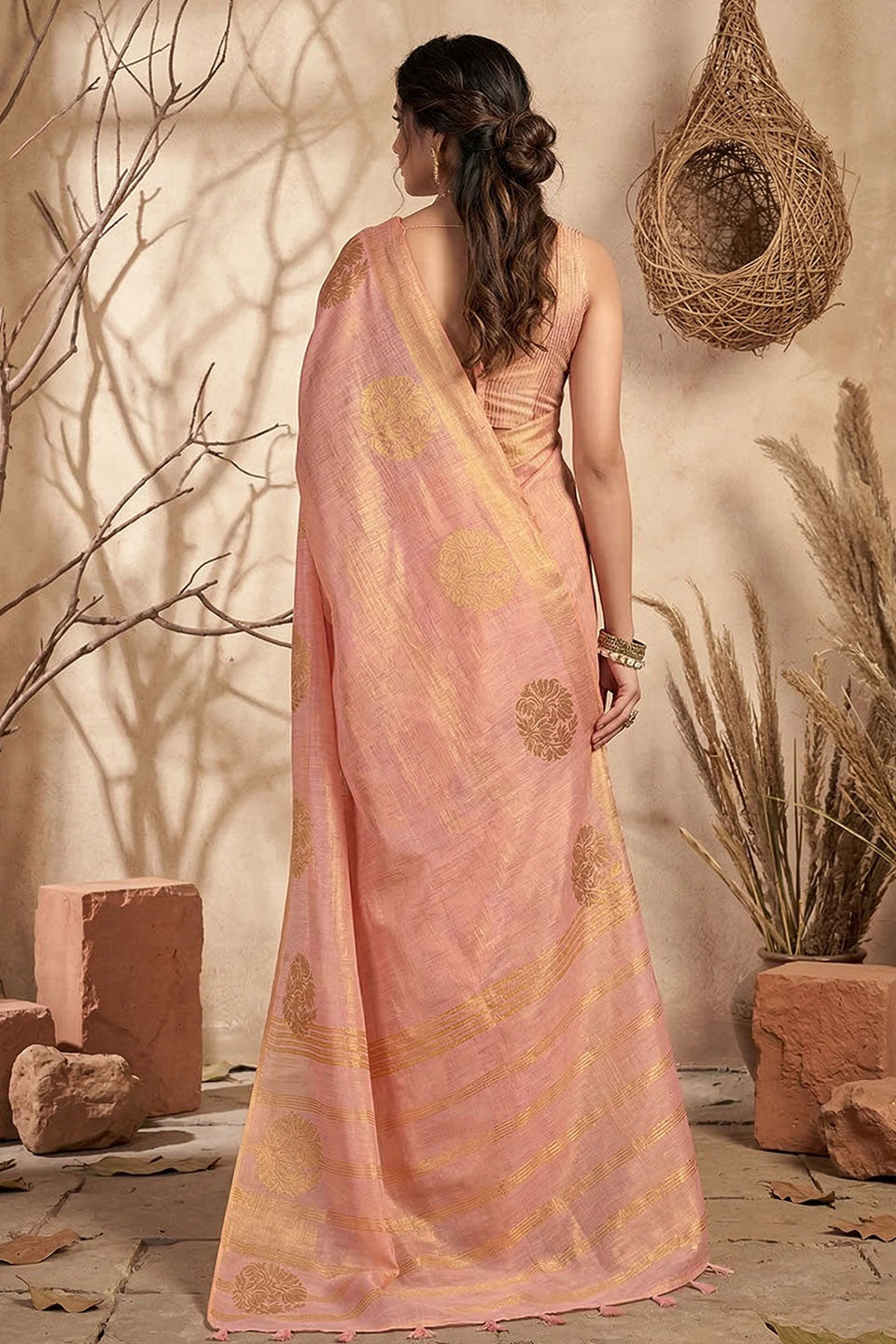 Festive Style Tissue Silk Weaving Work Saree In Peach Color